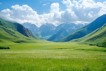 Obraz premium Serene mountain landscape, green valley, blue sky with clouds, scenic view, natural scenery