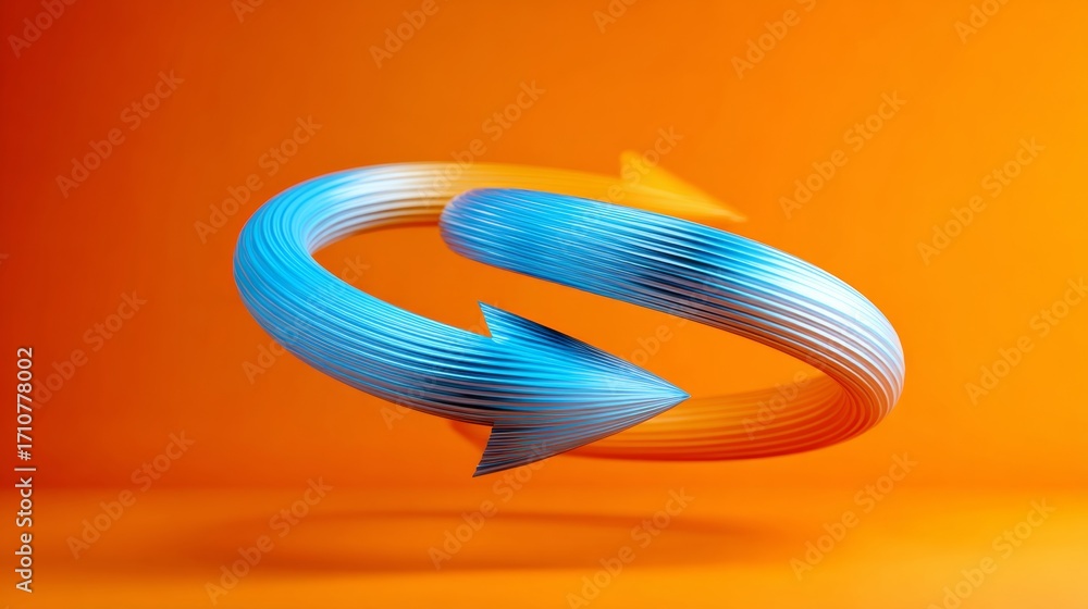 Poster blue and orange spiral with two arrows pointing in opposite directions. the spiral is floating in th