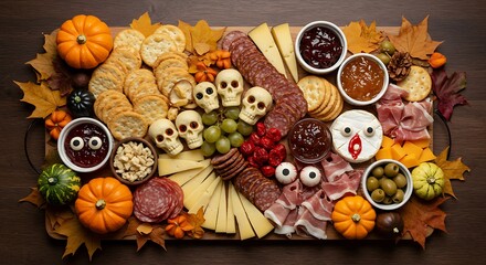 Overhead Hyper-Detailed Graveyard Charcuterie Board with Cracker Tombstones, Cheese Skulls, Olive Eyeballs, and Prosciutto Ghosts