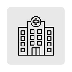 Simple line art icon of a modern hospital building with a cross symbol