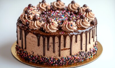 A round chocolate cake with a light brown base, topped with swirls of light brown buttercream and chocolate ganache drizzles.  Sprinkles are scattered around the top