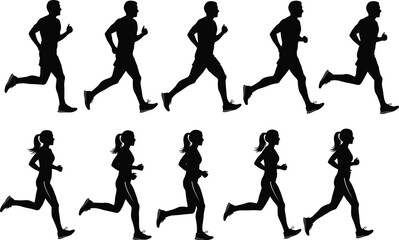 Running silhouettes, male and female runners, athletic motion, stride phases, human biomechanics, fitness training, sports science, dynamic posture, movement study, animation reference