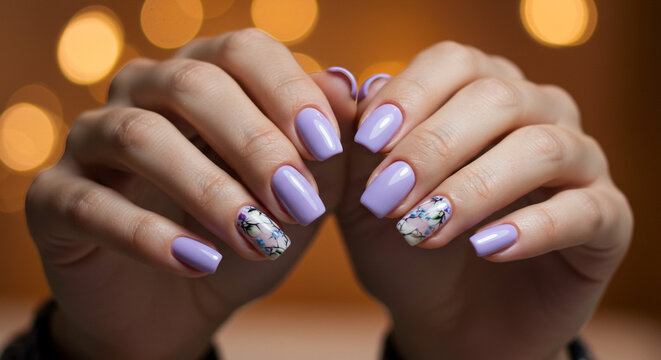 Elegant lilac coffin nails with delicate floral art, perfect for beauty salons and fashion promotions - Powered by Adobe