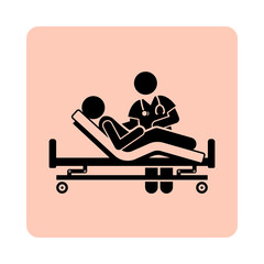 Doctor caring for patient lying on medical bed icon