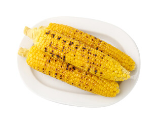 Three tasty grilled corncobs isolated on white, top view