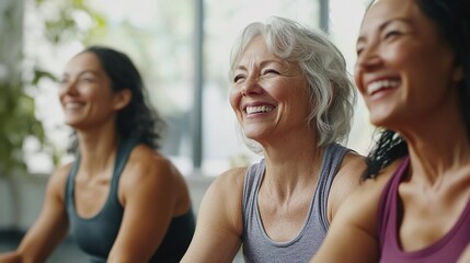 Happy diverse women smiling together in group yoga class for wellness and healthy lifestyle concept