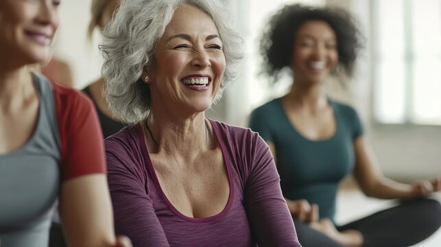 Diverse group of mature women enjoying yoga class with happiness and energy