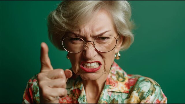 Elderly woman with glasses and floral blouse expressing anger, pointing finger with intense expression against green background, showcasing emotions and communication in close-up portrait