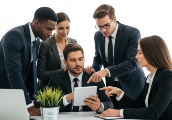 Diverse business team collaborating on a tablet isolated on transparent background