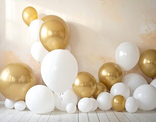 A festive arrangement of large gold and white balloons against a soft beige backdrop creates a celebratory atmosphere.