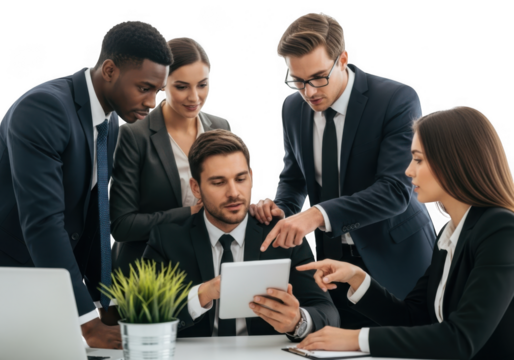 Diverse business team collaborating on a tablet isolated on transparent background