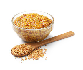 Whole grain mustard and dry seeds isolated on white