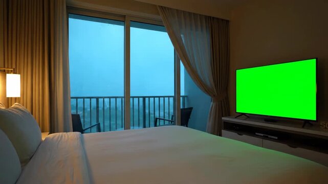 Cozy Bedroom View of Lightning Storm from Balcony, Relaxing Room Interior with a Green Screen TV, Hotel Room View of Balcony and TV