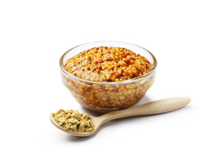 Whole grain mustard and powder isolated on white