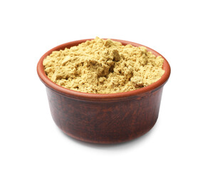 Dry powdered mustard in bowl isolated on white