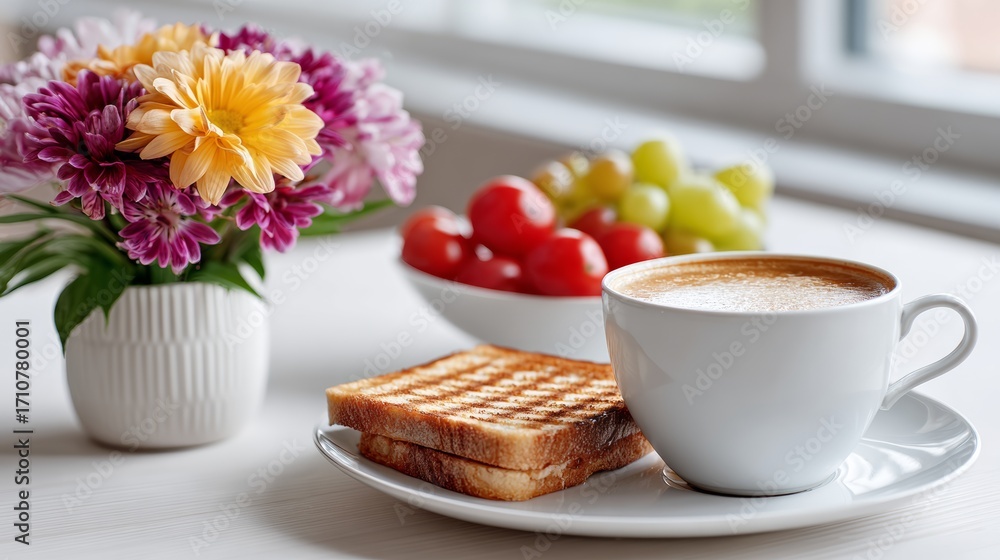 Poster white plate with two pieces of toast and a cup of coffee. the plate is set on a table with a vase of