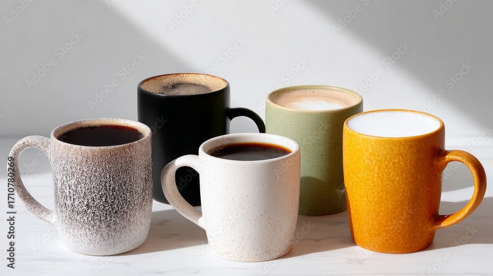 Aufkleber row of five coffee mugs, each with a different color and design. the mugs are arranged in a line on 