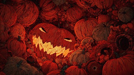 Illuminated jack-o'-lantern nestled among many decorative pumpkins for Halloween holiday greeting card or autumn celebration background.