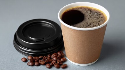 Cup of coffee with a lid and a pile of coffee beans. Concept of warmth and comfort, as the coffee