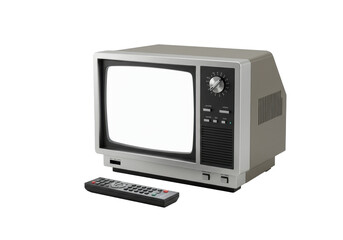 Polished silver vintage crt television with physical buttons, blank white screen, and unbranded classic remote on solid transparent studio background, 45-degree angle. Nostalgia and precision concept