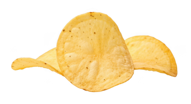 Three potato chips isolated on transparent background, a popular crunchy and salty snack food