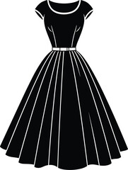 Vintage 1950s silhouette dress vector illustration with short sleeves, cinched waist, flared skirt, retro fashion design for classic style and elegance