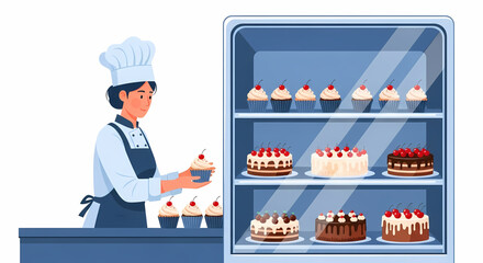 Baker Presents Cupcakes Next to Display Fridge Full of Desserts