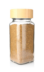 Ground caraway (Persian cumin) in glass jar isolated on white. Aromatic spice