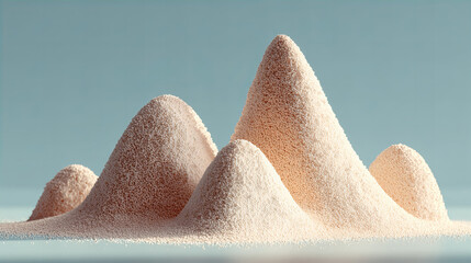 Surreal pastel mountains made of abstract textured shapes and soft organic forms resembling fantasy landscapes with unique sculptural details