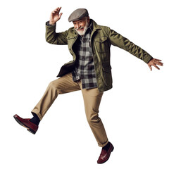 Joyful elderly man in casual clothes dancing with a smile outdoors