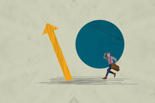 Collage with person observing rising arrow symbolizing startup growth business income statistics trading decrease increase