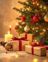 Professional Christmas photography, warm and golden lighting, elegant Christmas decorations (tree with minimalist ornaments, candles, kraft paper wrapped gifts with red ribbons)
