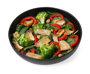 Tasty salad with eryngium mushrooms, chickpeas, vegetables and spinach in bowl isolated on white