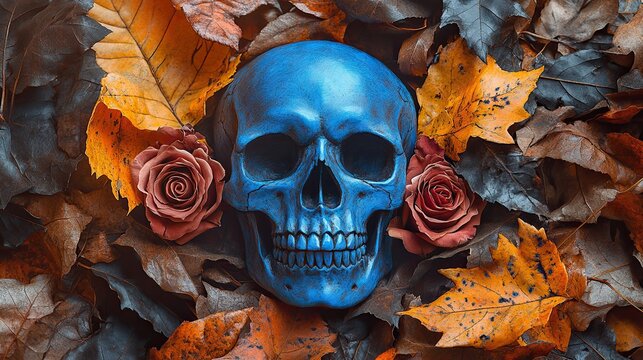 Blue Skull Surrounded by Fallen Leaves and Red Roses Arrangement - Powered by Adobe