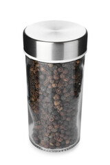 Black peppercorns in spice jar isolated on white