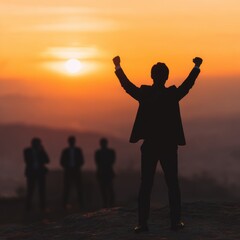 Fototapeta premium Silhouette of business team stand and feel happy on the most hight at the mountain on sunset, success, leader, teamwork, target, Aim, confident, achievement, goal, on plan, finish, generate by AI