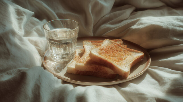 Toast and water on plate placed on bed.