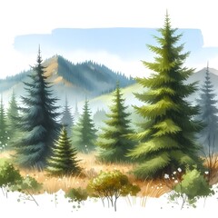 A beautiful fir tree forest landscape illustration watercolor style isolated on white background .