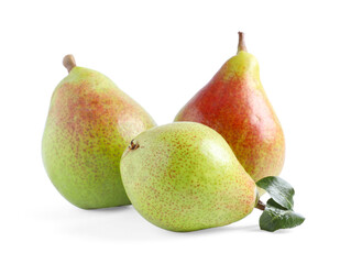 Fresh ripe pears with green leaves isolated on white