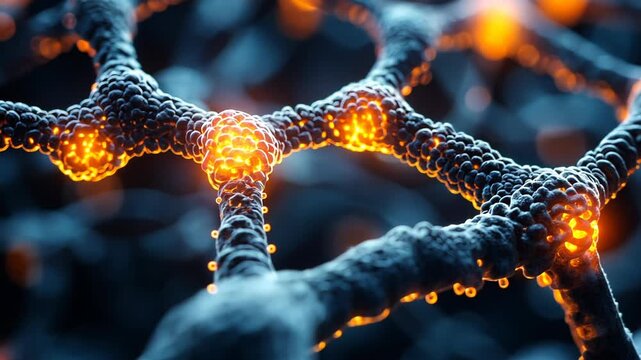 Close-up of a graphene structure with glowing orange atoms and connections.