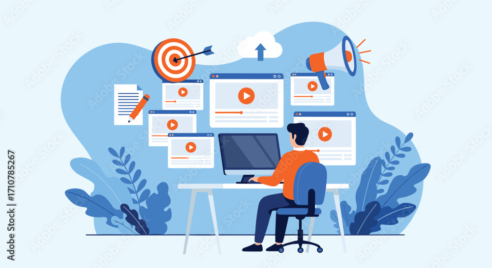 Poster man working on multiple computer screens achieving business goals digital marketing strategy vector