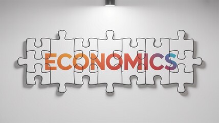 Economics concept shown by puzzle pieces forming the word, isolated on white background a visual representation of economic principles
