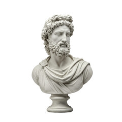 Fototapeta premium Classical white marble male bust with intricately carved curly hair, beard, draped robe, serene expression, centered on uniform transparent background with soft studio light, small black river stone,