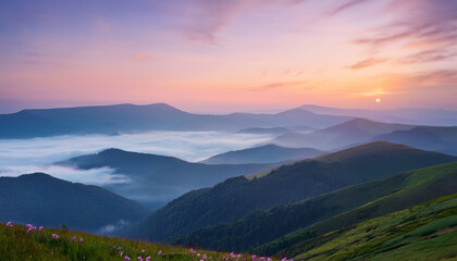 Soft Pastel Mountain Landscape With Misty Hills And Calm Atmosphere At Dawn