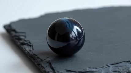 A dark blue sphere resting on a rough slate surface, creating a contrast of textures and colors, isolated on white background