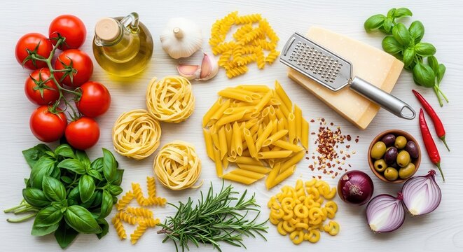 Fresh Ingredients For Delicious Italian Pasta Dishes And Italian Cuisine Preparation