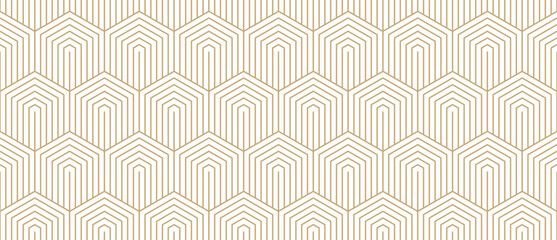 Golden vector minimal seamless pattern with hexagons, lines. Gold and white abstract geometric background with hexagonal grid. Simple minimalist linear texture. Modern repeated design for decor, print