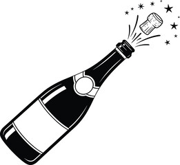 Black and white silhouette vector of champagne bottle popping cork with stars and sparkles for celebration, party, festive, and event design