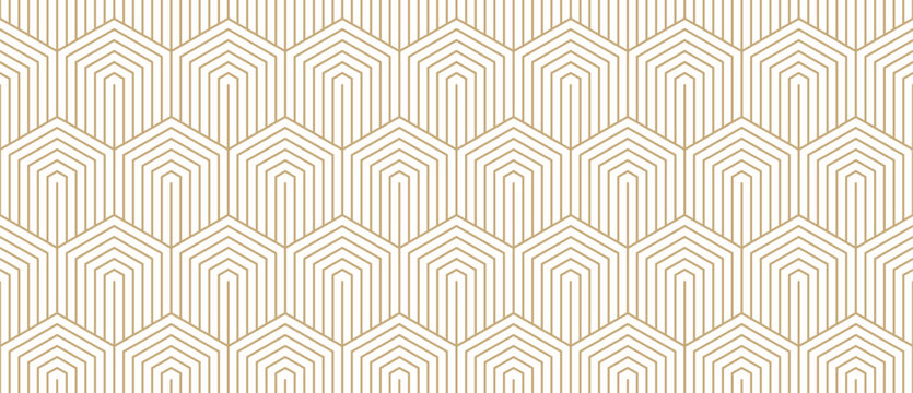 Golden vector minimal seamless pattern with hexagons, lines. Gold and white abstract geometric background with hexagonal grid. Simple minimalist linear texture. Modern repeated design for decor, print