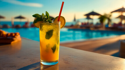 Glass of mango mojito cocktail with lime slice, mint leaves and straw stands on poolside bar with ocean view and parasols at sunset, cocktail glows in golden tones, tropical summer drink concept